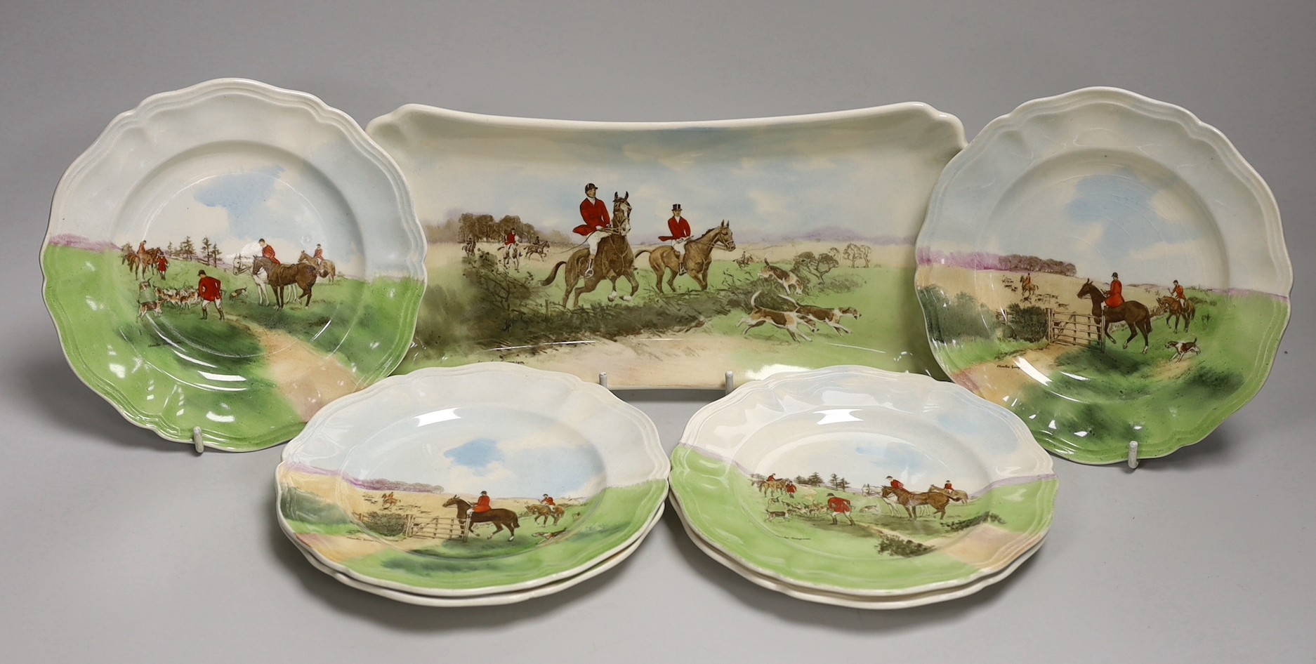A Royal Doulton series ware hunting sandwich set signed Charles Simpson, D6326